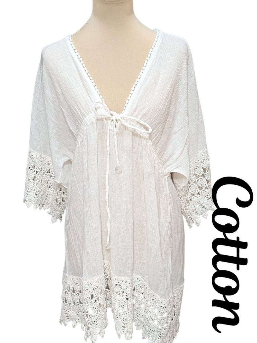 Club Z Collection White Cotton Crochet Lace Trim Swim Cover Up Tunic